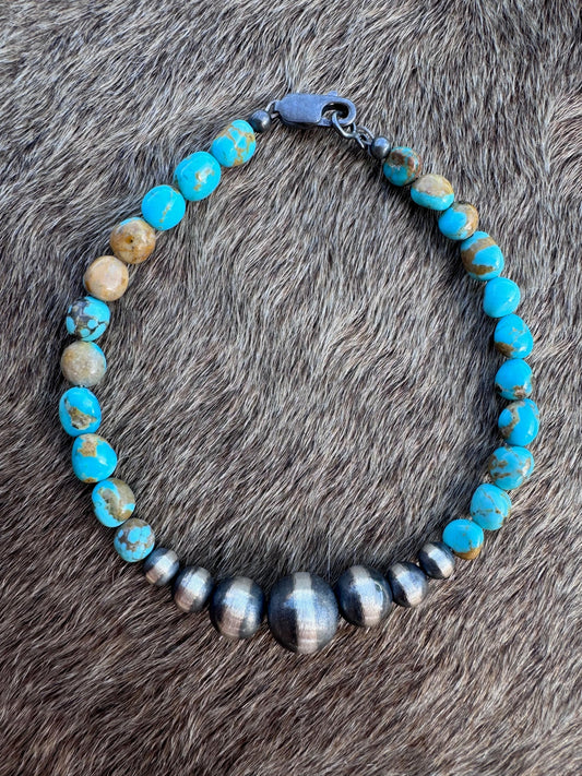 Handcrafted Kingman Turquoise & Sterling Silver Pearl 5-10mm Beaded Bracelet 8"
