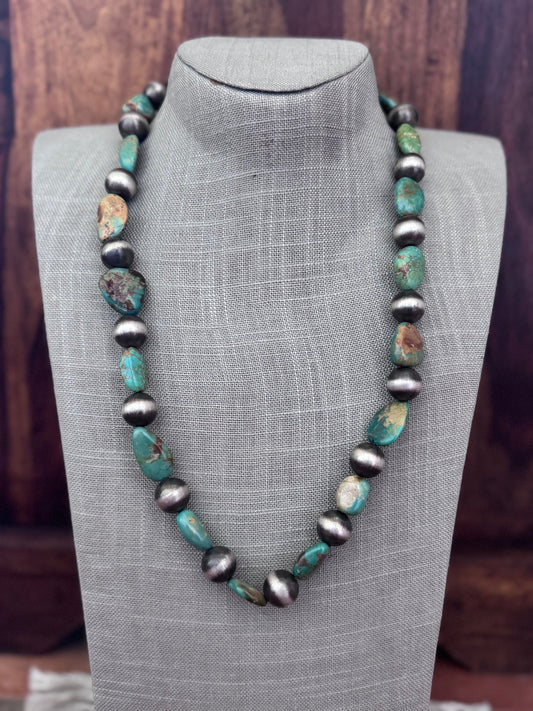 Handcrafted Sterling Silver & Royston Turquoise 14mm Beaded Necklace 25"