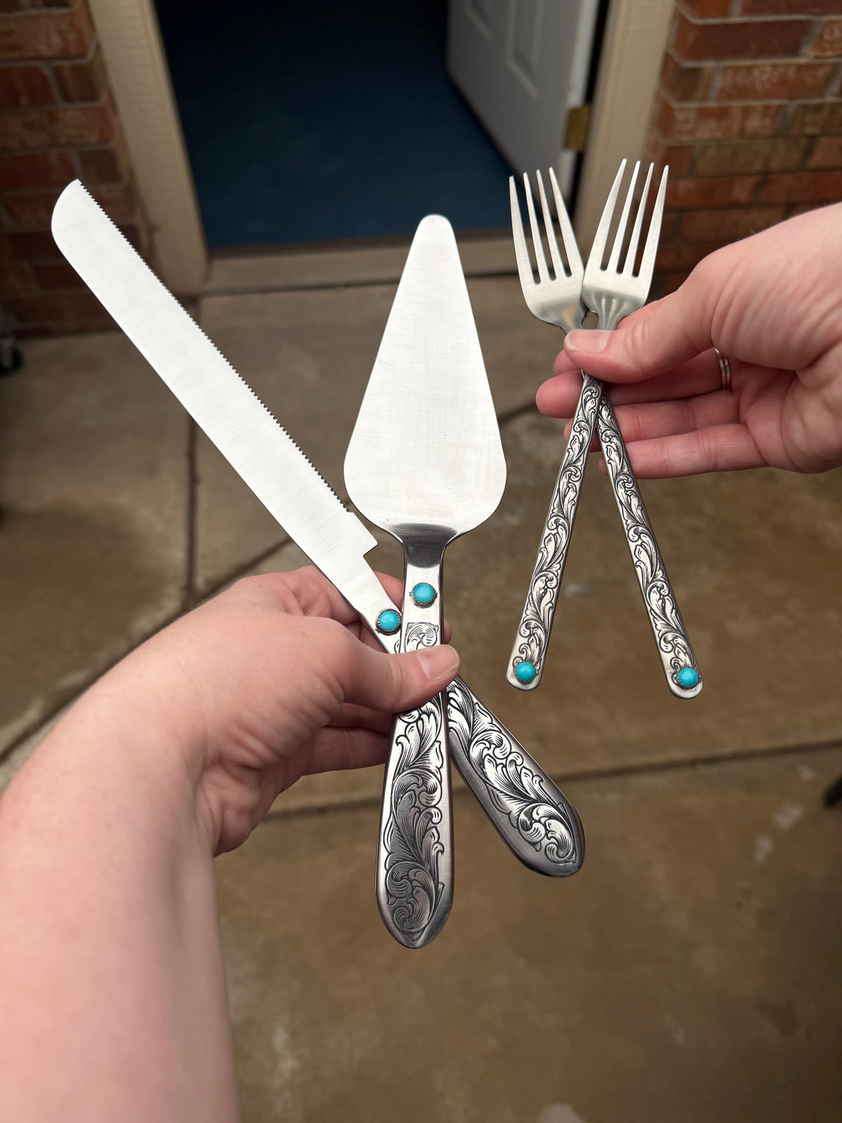 Wedding Cake Forks - Genuine Turquoise Engraved Fork Set | Ready to Ship