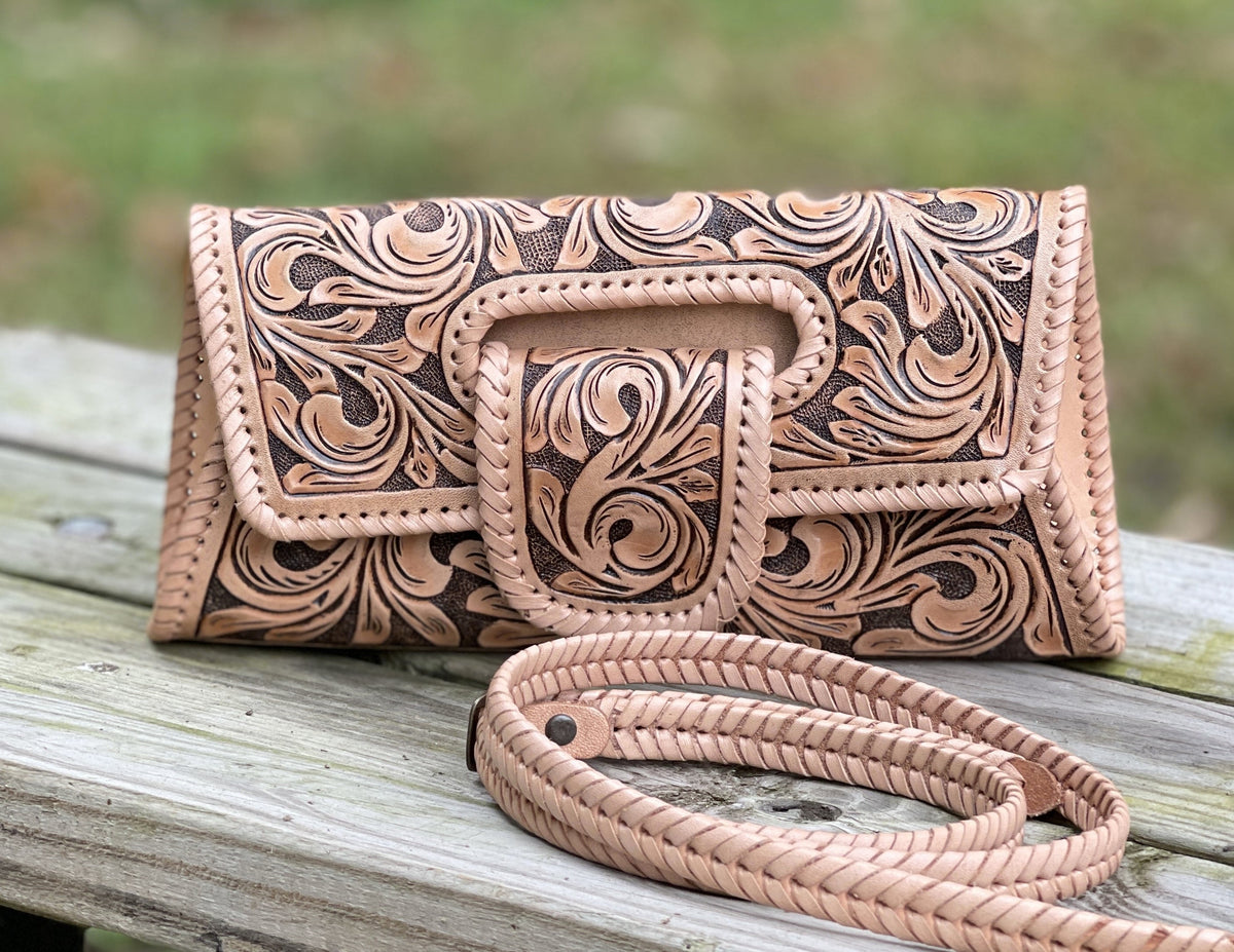 Hand-Tooled Leather Large Crossbody Clutch "LENGUETA" by ALLE