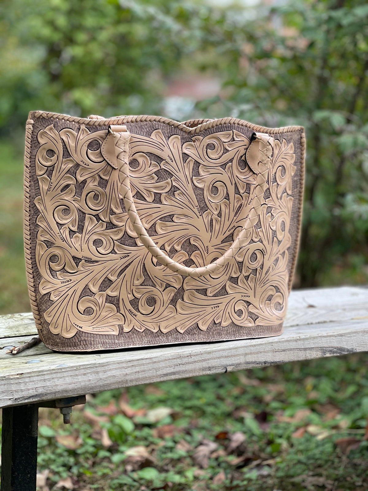 Hand Tooled Leather Extra Large Tote Travel Bag "IBIZA" Beige Color