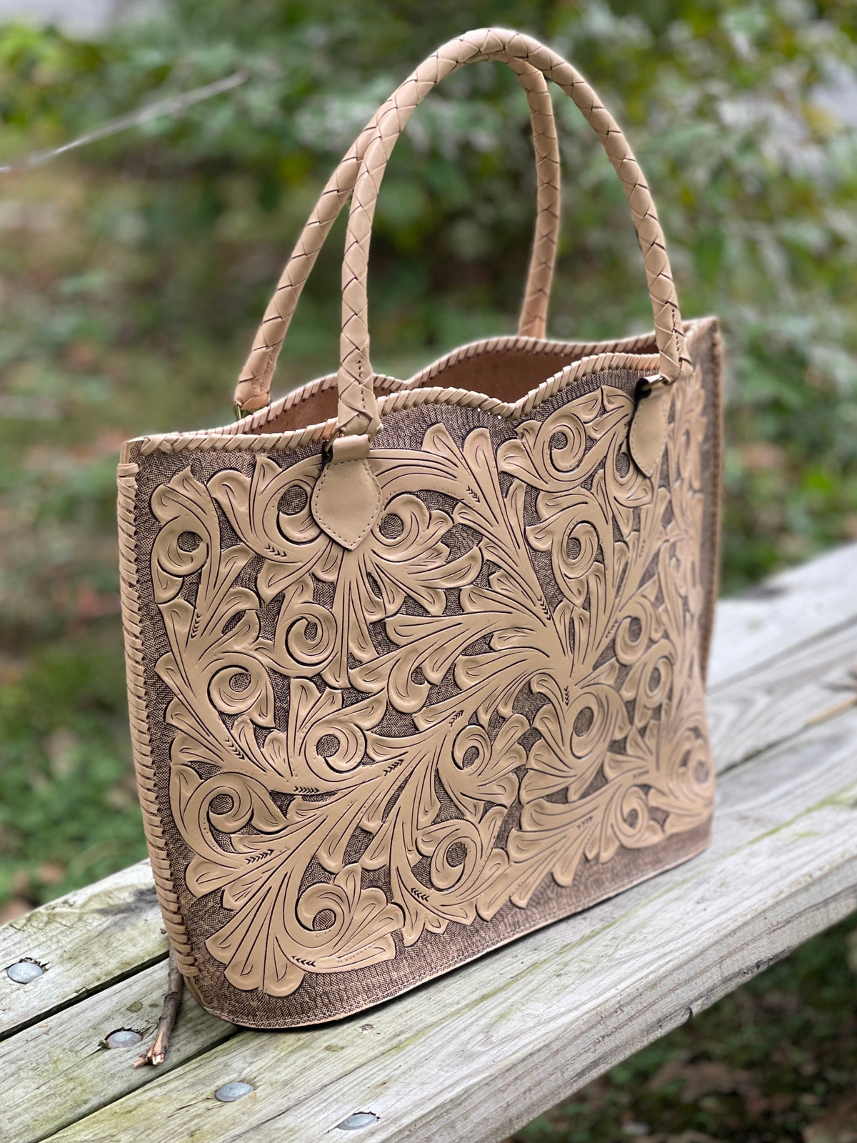 Hand Tooled Leather Extra Large Tote Travel Bag "IBIZA" Beige Color