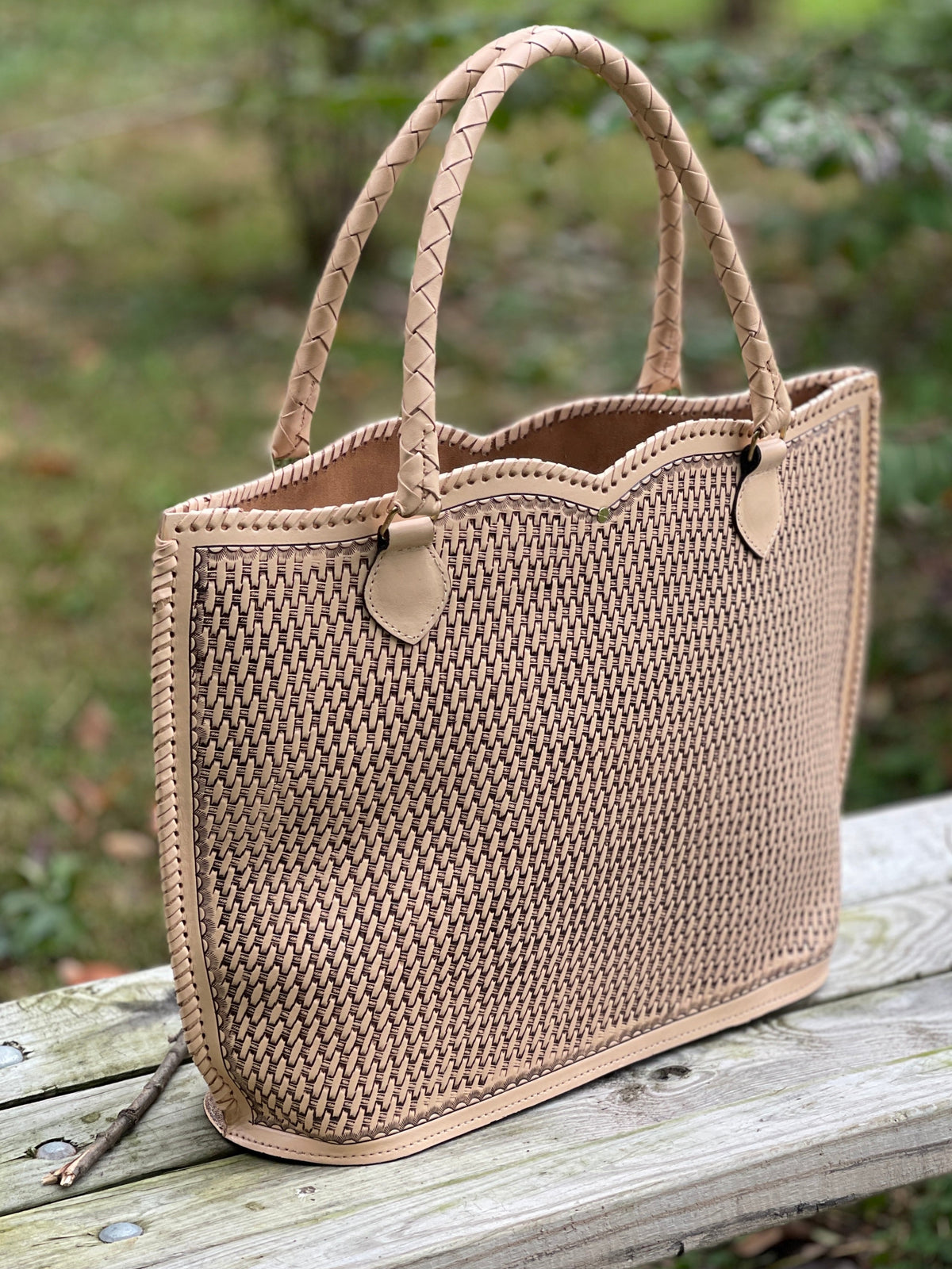 Hand Tooled Leather Extra Large Tote Travel Bag "IBIZA" Beige Color