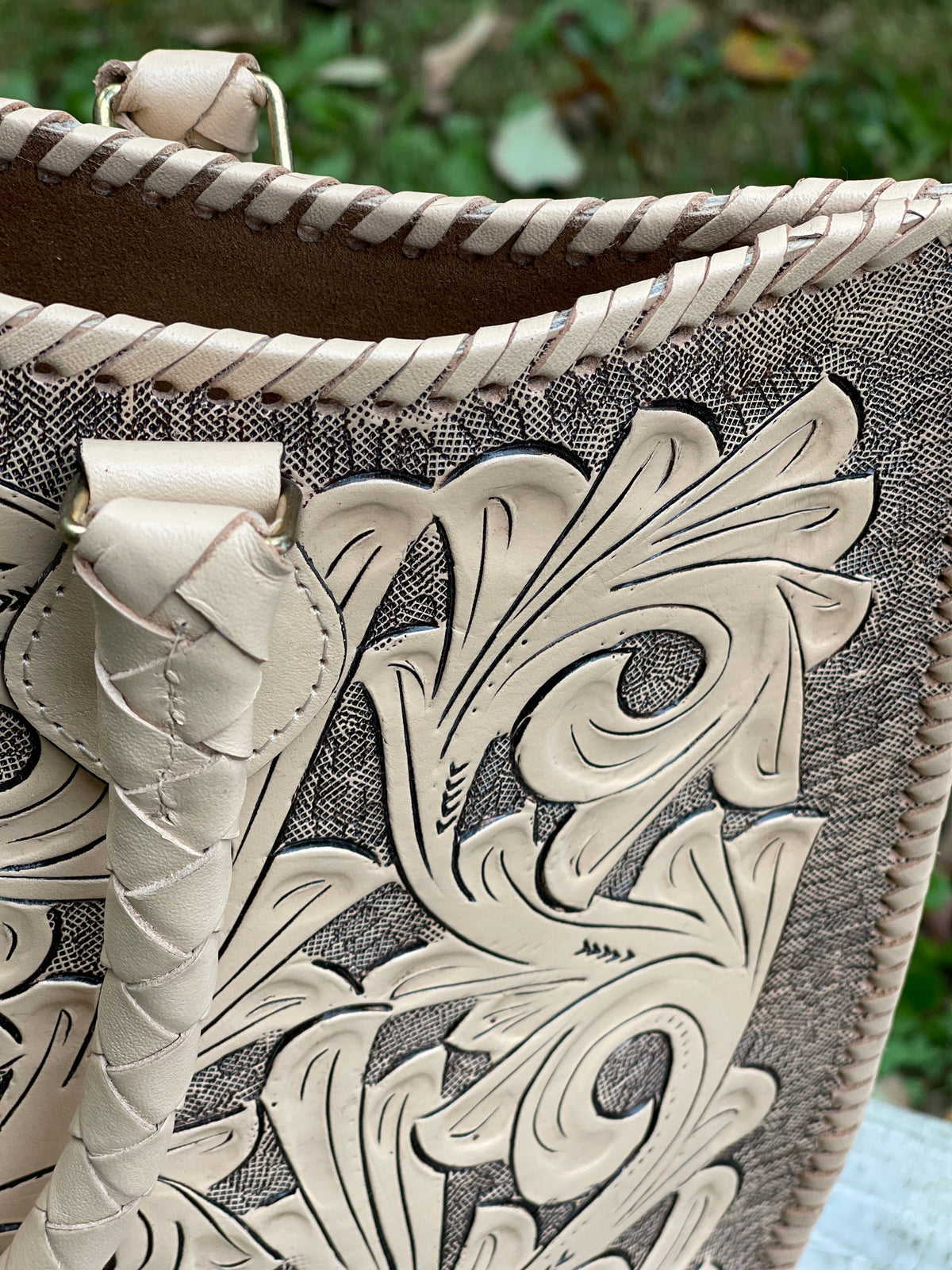 Hand Tooled Leather Extra Large Tote Travel Bag "IBIZA" Beige Color