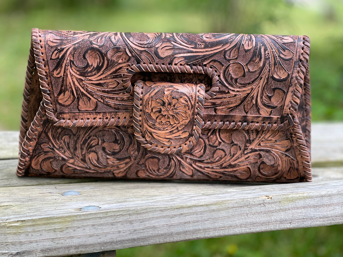 Hand-Tooled Leather Large Crossbody Clutch "LENGUETA" by ALLE