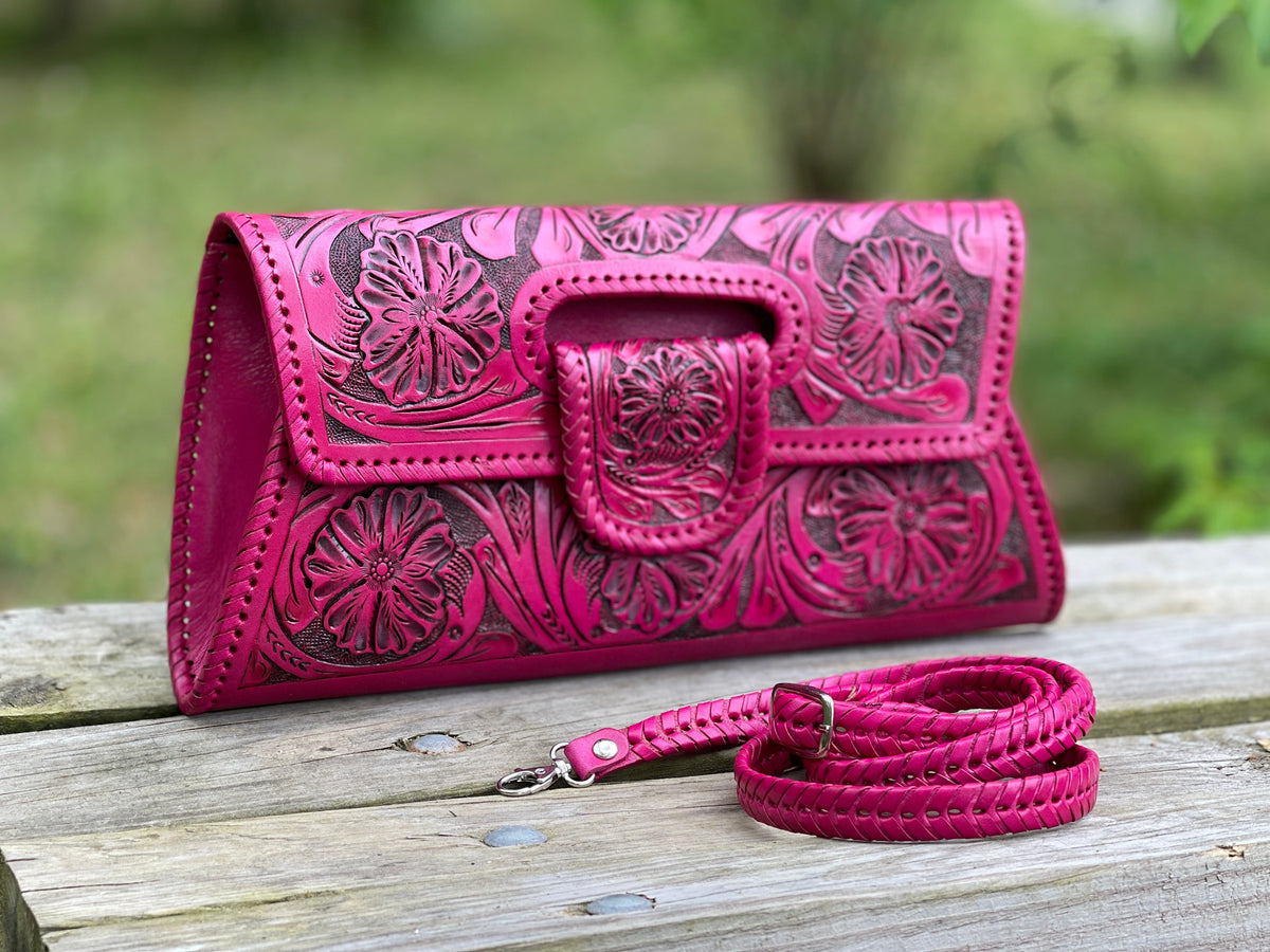 Hand-Tooled Leather Large Crossbody Clutch "LENGUETA" by ALLE