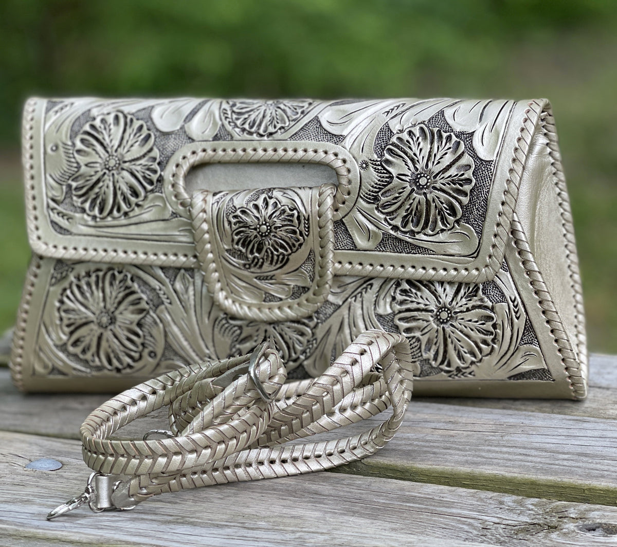 Hand-Tooled Leather Large Crossbody Clutch "LENGUETA" by ALLE