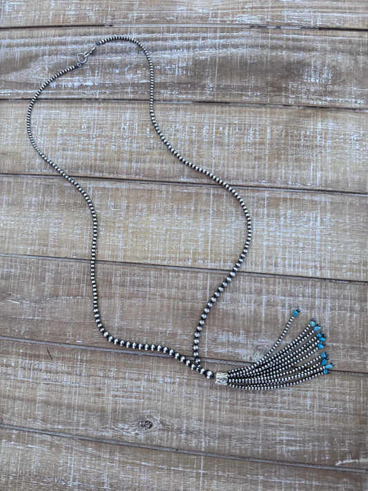 Handcrafted Sterling Silver & Kingman Turquoise Tassel 3-8mm Beaded Necklace 33"