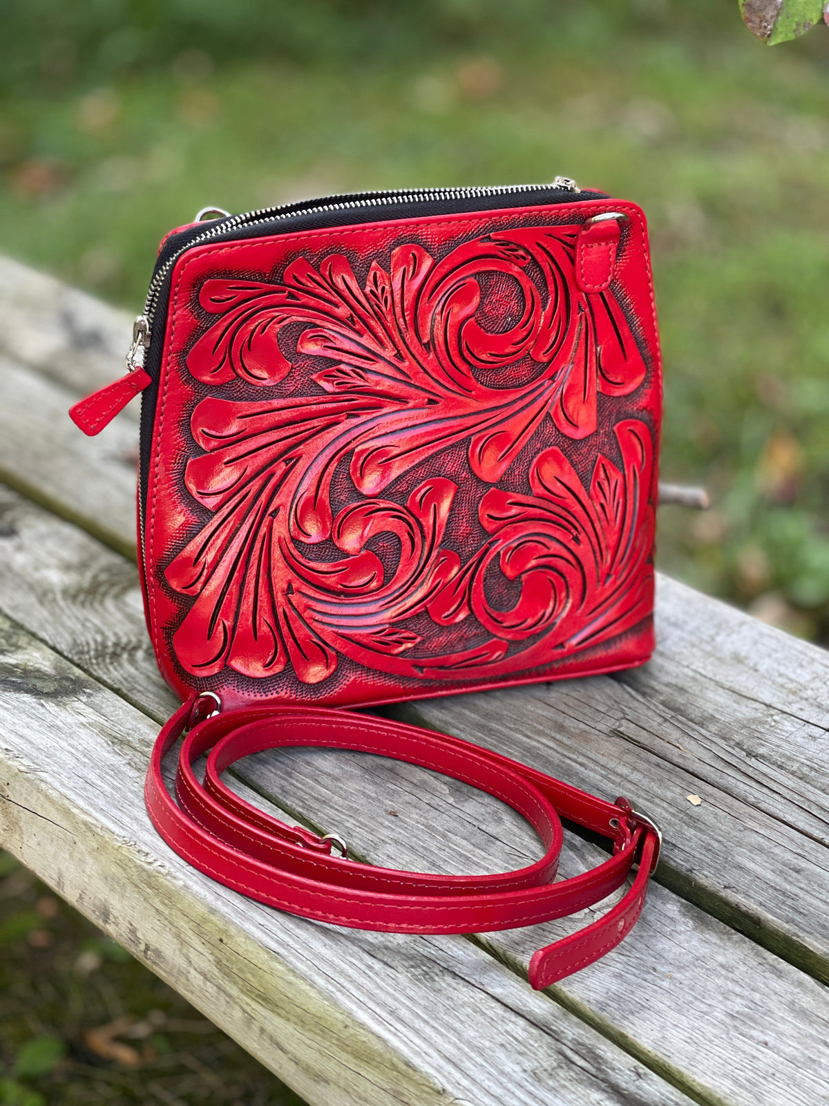 Hand-Tooled Leather Large Crossbody "CATALINA" by ALLE more Colors