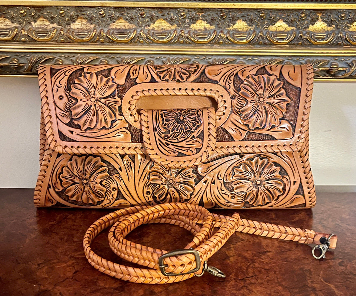 Hand-Tooled Leather Large Crossbody Clutch "LENGUETA" by ALLE