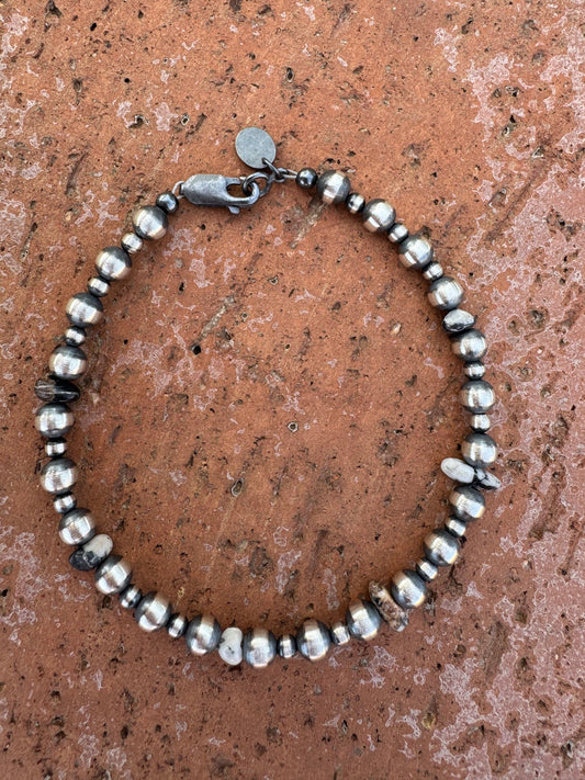 Handcrafted White Buffalo & Sterling Silver Pearl 3 & 5mm Beaded Bracelet 7.5"