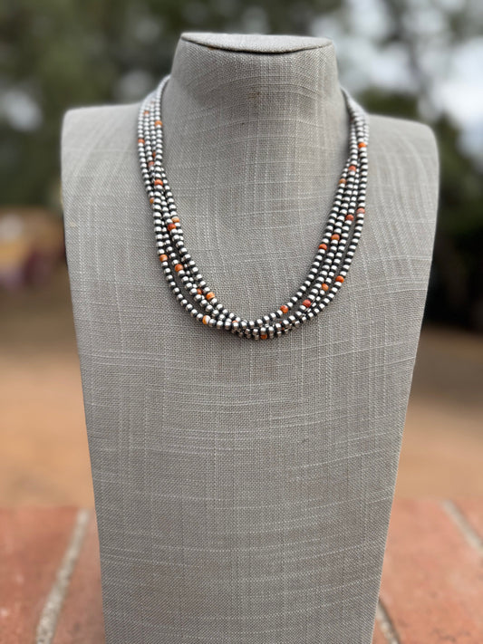 Handcrafted Orange Spiny & Sterling Silver 4mm Beaded Necklace 20"