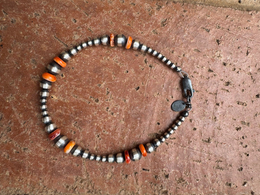 Handcrafted Orange Spiny & Sterling Silver 3-6mm Beaded Bracelet 7.5"
