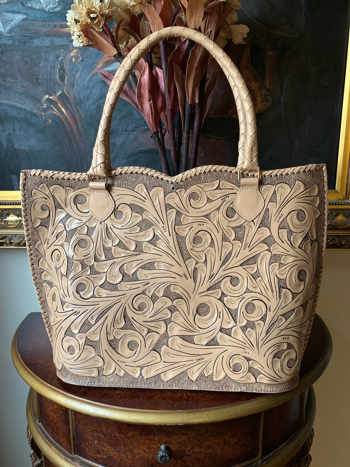 Hand Tooled Leather Extra Large Tote Travel Bag "IBIZA" Beige Color