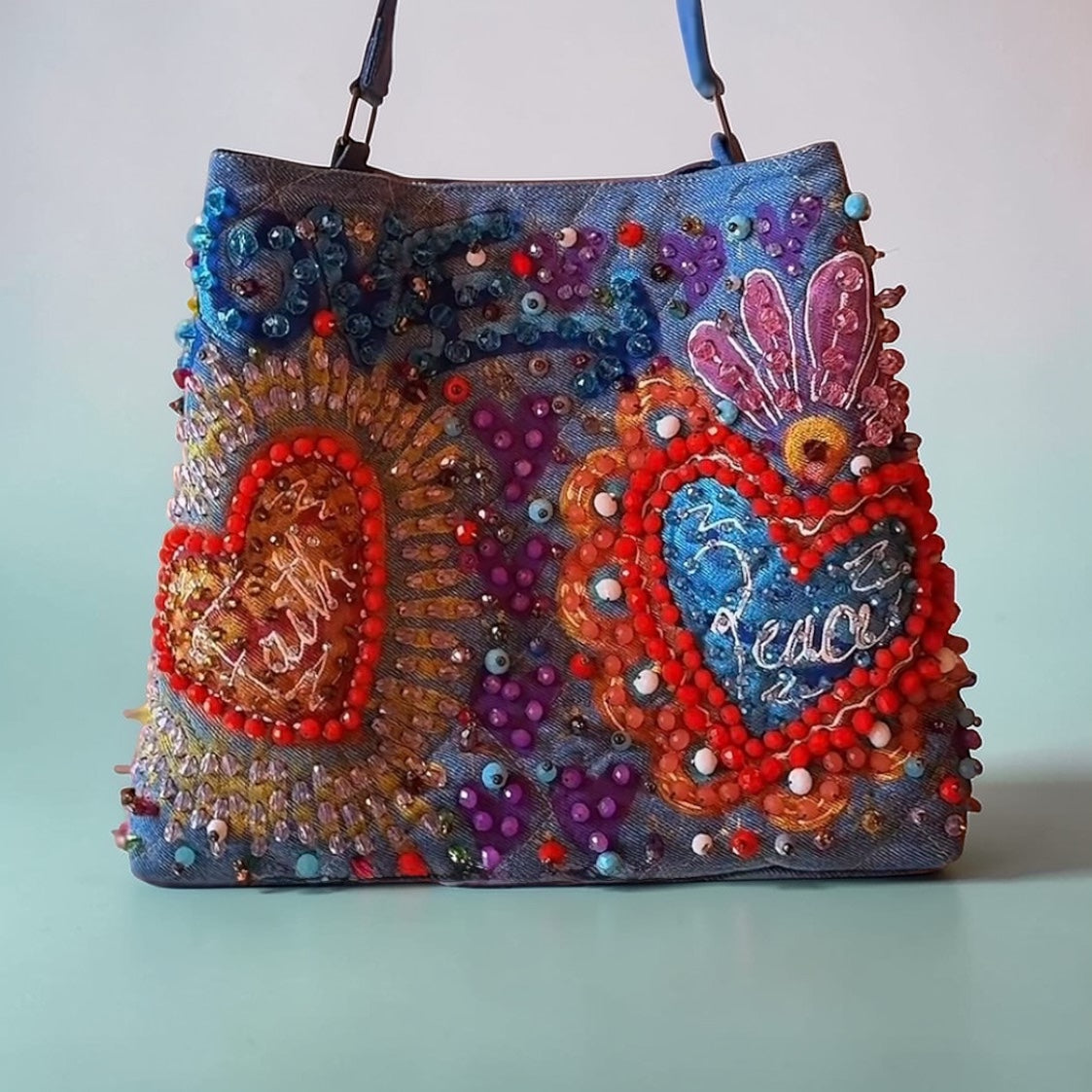 Hand-Painted  & Hand-Embroidered Denim Tote Bag - Piece of Art