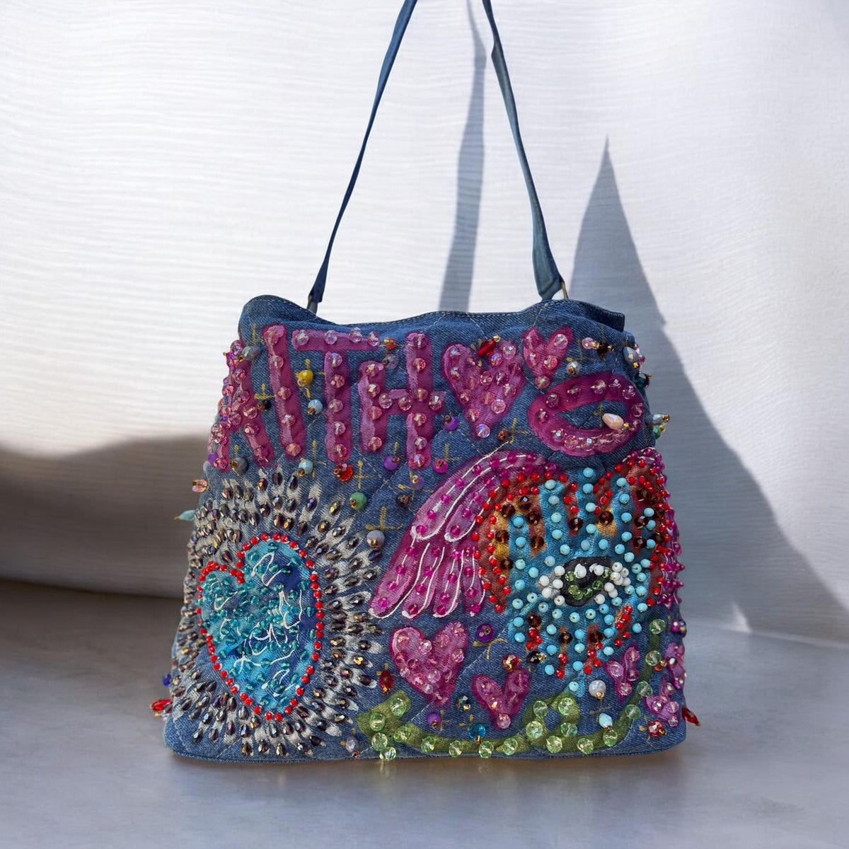 Hand-Painted  & Hand-Embroidered Denim Tote Bag - Piece of Art