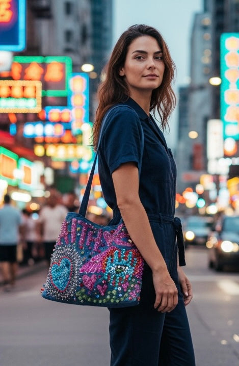 Hand-Painted  & Hand-Embroidered Denim Tote Bag - Piece of Art