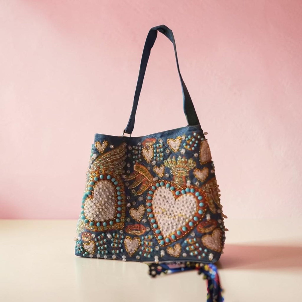 Hand-Painted  & Hand-Embroidered Denim Tote Bag - Piece of Art