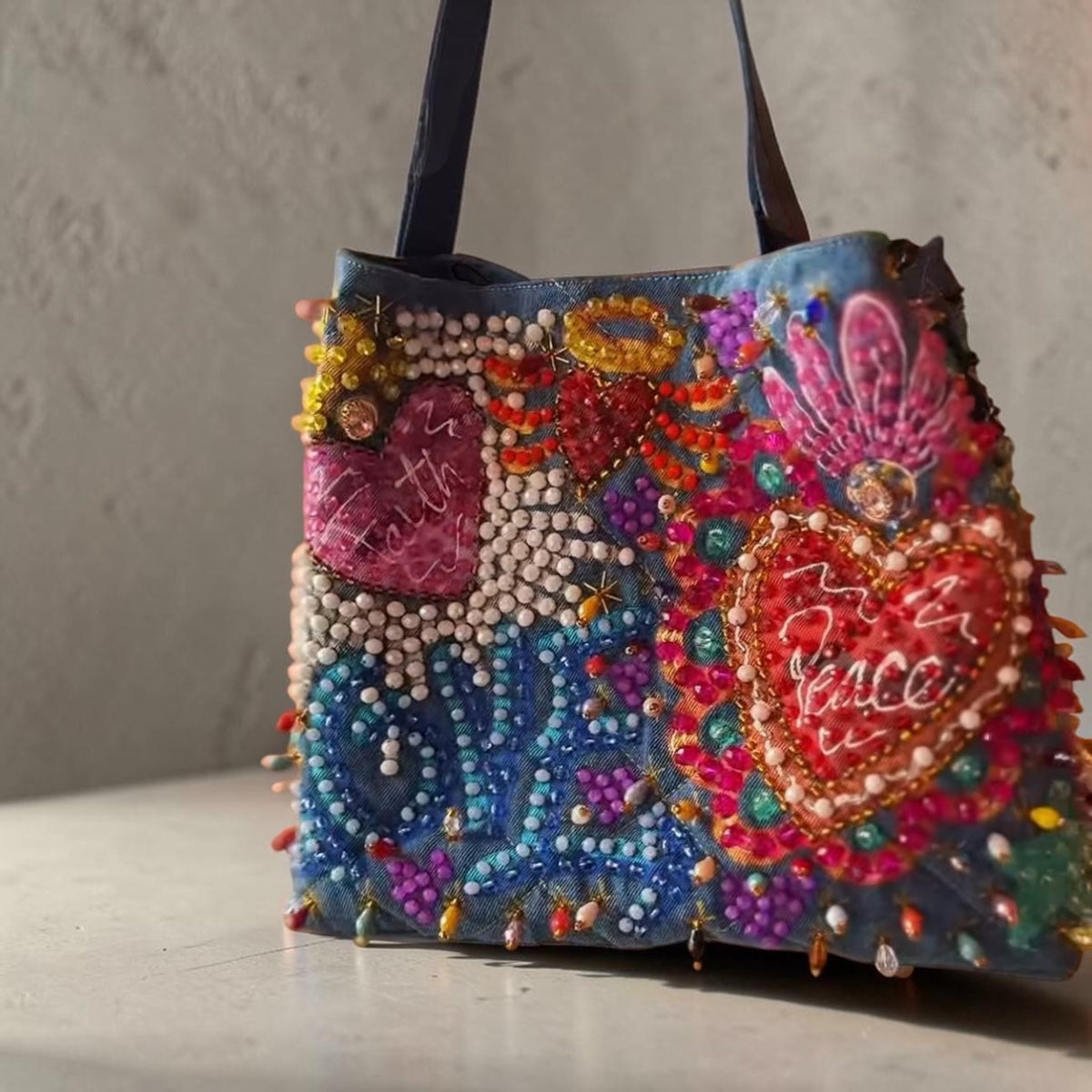 Hand-Painted  & Hand-Embroidered Denim Tote Bag - Piece of Art