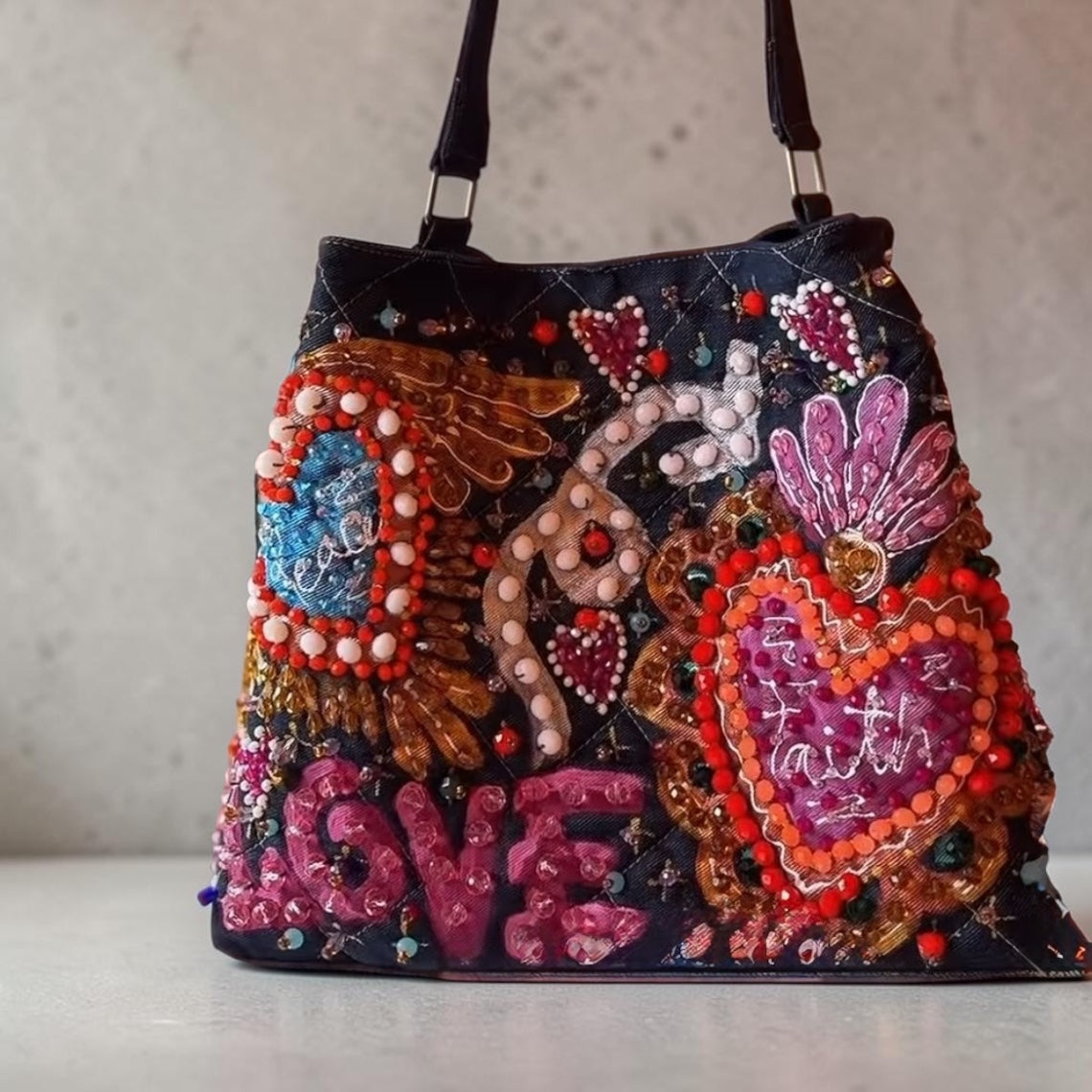 Hand-Painted  & Hand-Embroidered Denim Tote Bag - Piece of Art