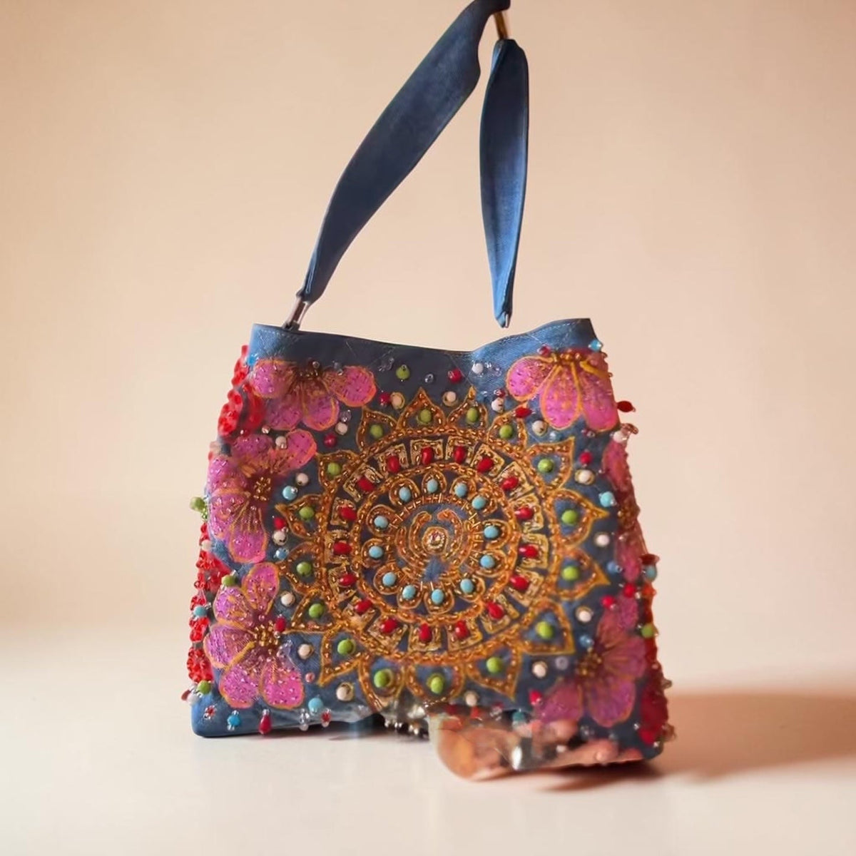 Hand-Painted  & Hand-Embroidered Denim Tote Bag - Piece of Art