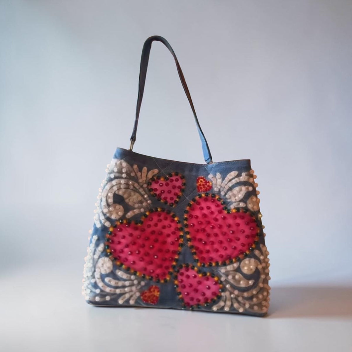 Hand-Painted  & Hand-Embroidered Denim Tote Bag - Piece of Art