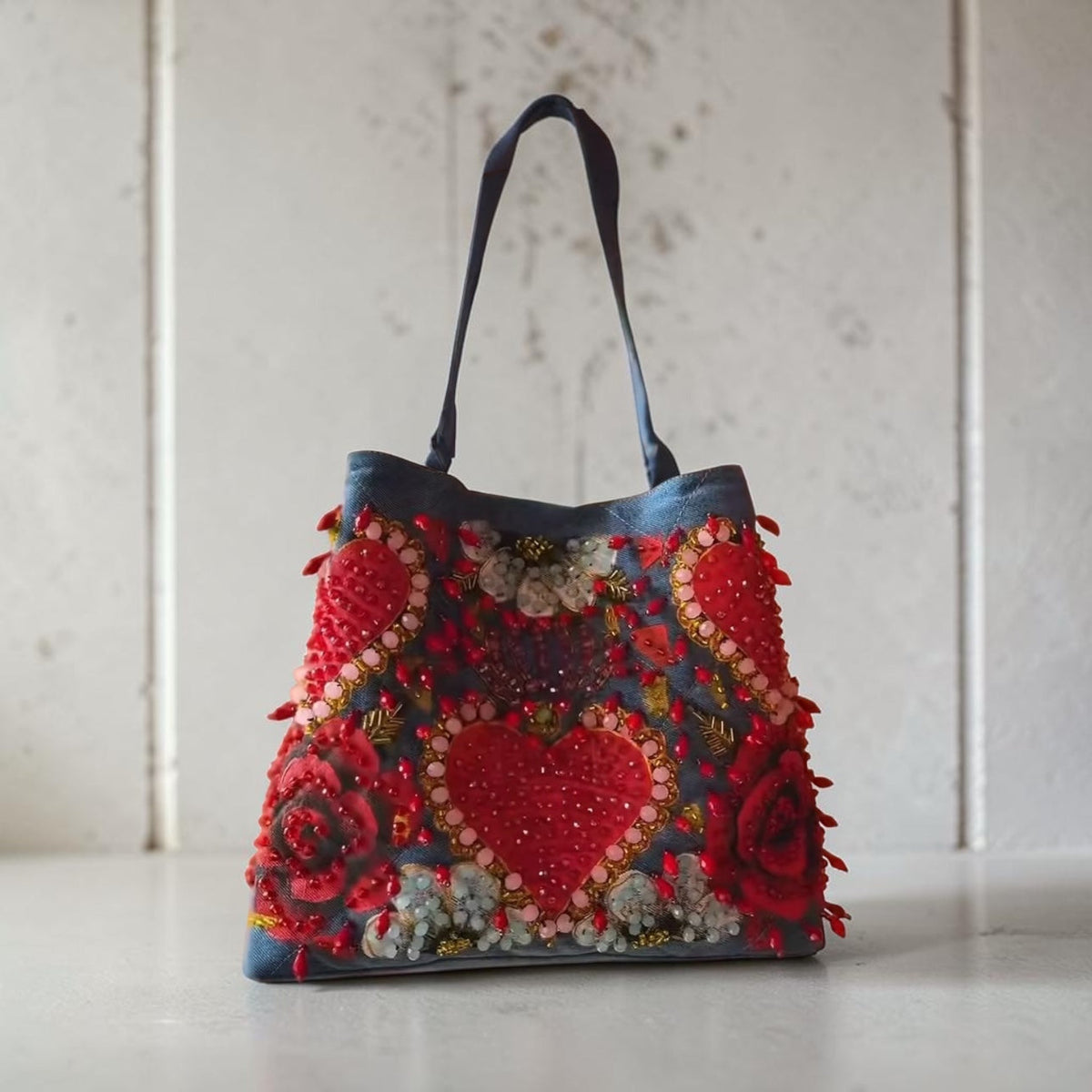 Hand-Painted  & Hand-Embroidered Denim Tote Bag - Piece of Art
