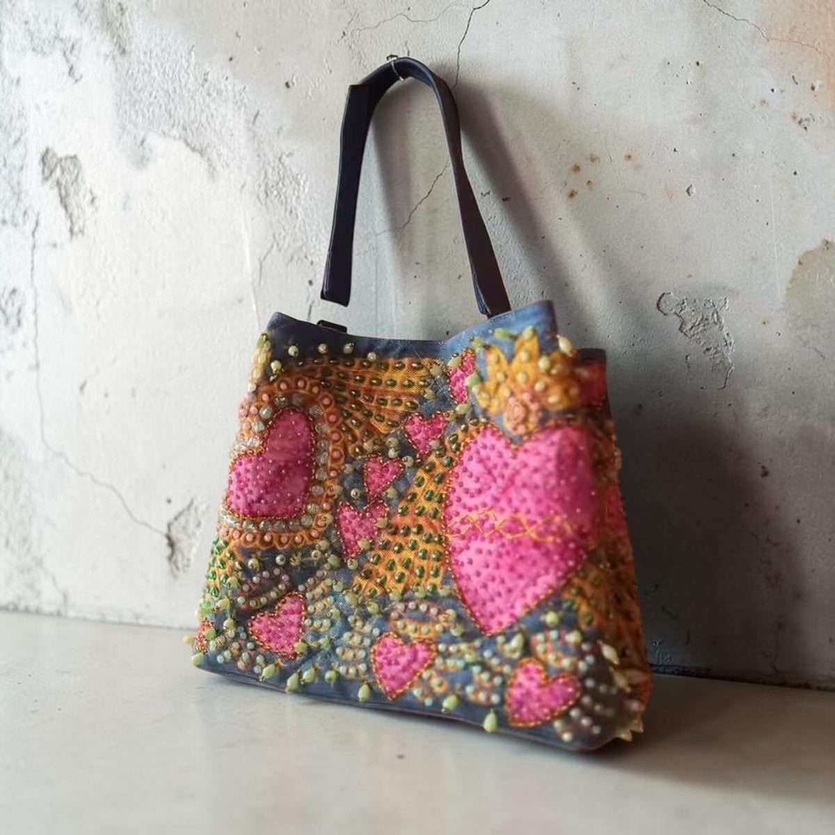 Hand-Painted  & Hand-Embroidered Denim Tote Bag - Piece of Art