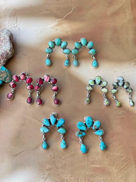 Handmade Sterling Silver Naja post earring, Options-Paloma turquoise, Sonoran mountain, Dahlia rose, MojaveTurquoise, Signed Nizhoni