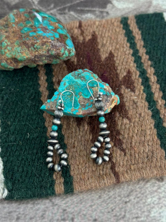 Handmade Sterling Silver Kingman Turquoise Beaded Hook Dangle Earrings