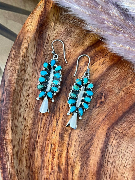 Handmade Sterling Silver Kingman Turquoise Hook Dangle Squash Blossom Earrings "Signed Nizhoni"