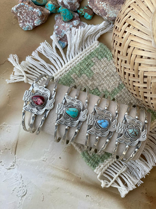Handmade Sterling silver thunderbird Cuff Bracelet, Options-Golden Hills, Number 8, Sonoran Mountain, Red Dahlia Rose, Cuff Signed Nizhoni