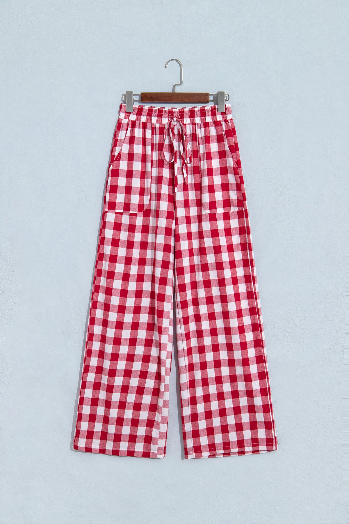 Brown Gingham Plaid Tie Elastic Waist Shift Pants