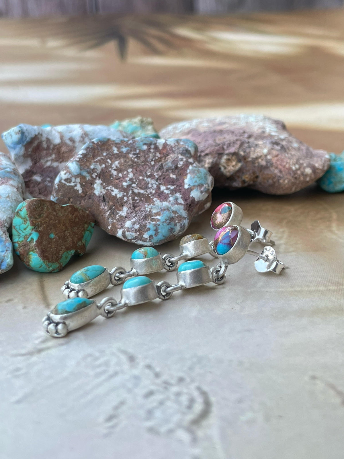 Handmade Sterling Silver Pink Dream with Mojave post Earrings , Signed Nizhoni