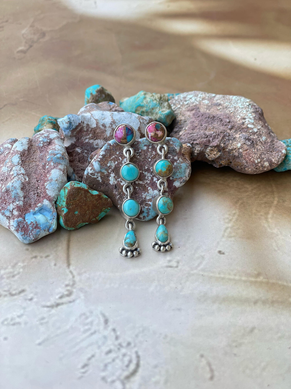 Handmade Sterling Silver Pink Dream with Mojave post Earrings , Signed Nizhoni