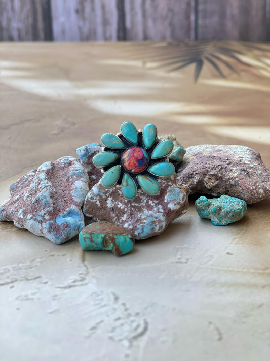 Handmade Sterling Silver Pink dream With Mojave Turquoise adjustable ring , signed Nizhoni