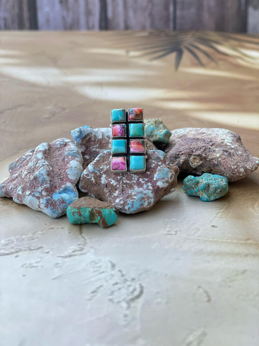 Handmade Sterling Silver Pink dream With Mojave Turquoise adjustable ring , signed Nizhoni