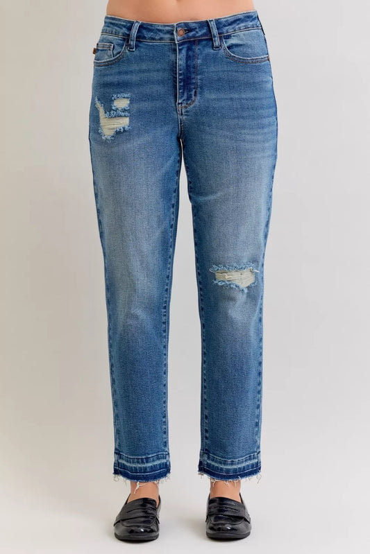 Judy Blue Full Size Mid Rise Bf Patch & Repair Destroyed Release Hem Jeans Plus Size