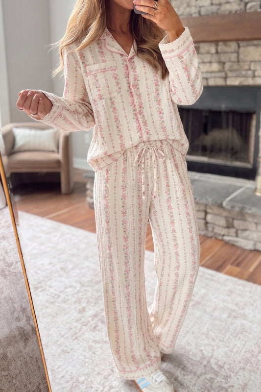 Pink Floral Print Long Sleeve Button Front Shirt Pajama Pant Set