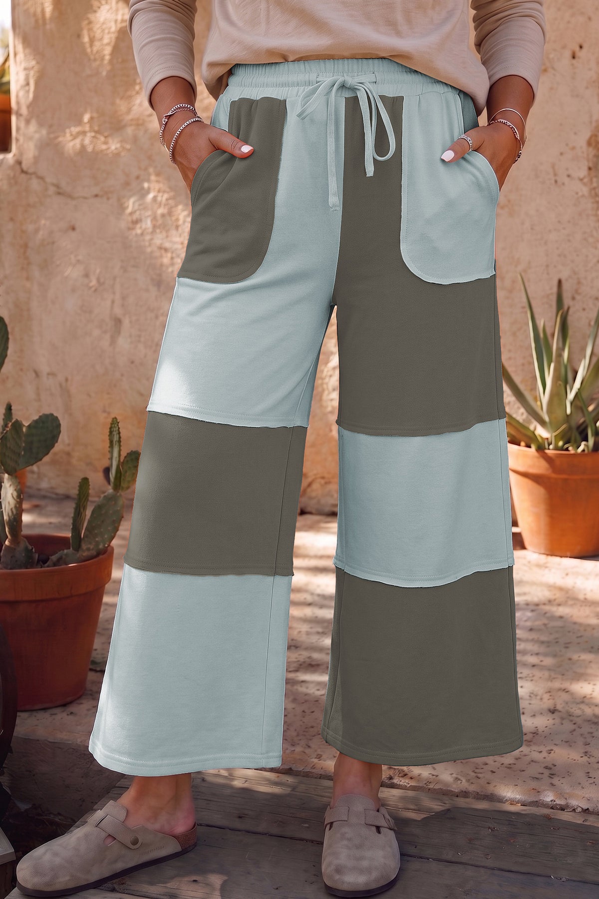 Russet Orange Raw Seam Colorblock Wide Leg Ankle Length Casual Pants