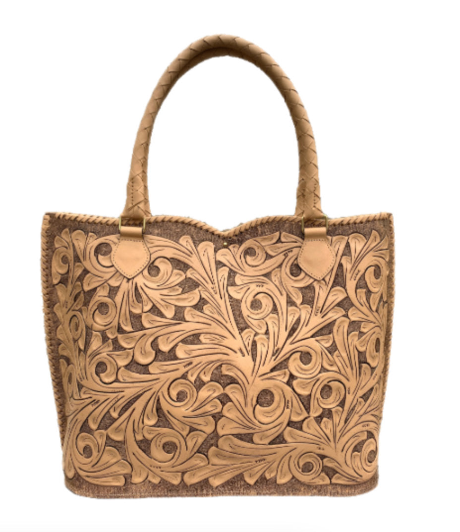 Hand Tooled Leather Extra Large Tote Travel Bag "IBIZA" Beige Color