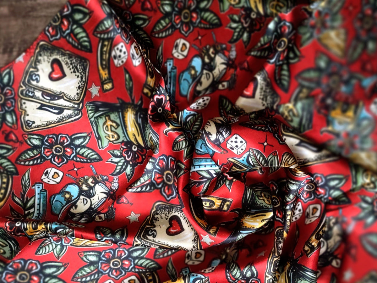 Silk Wild Rag: Deep Red, Saloon Casino Print – Western Bandanna