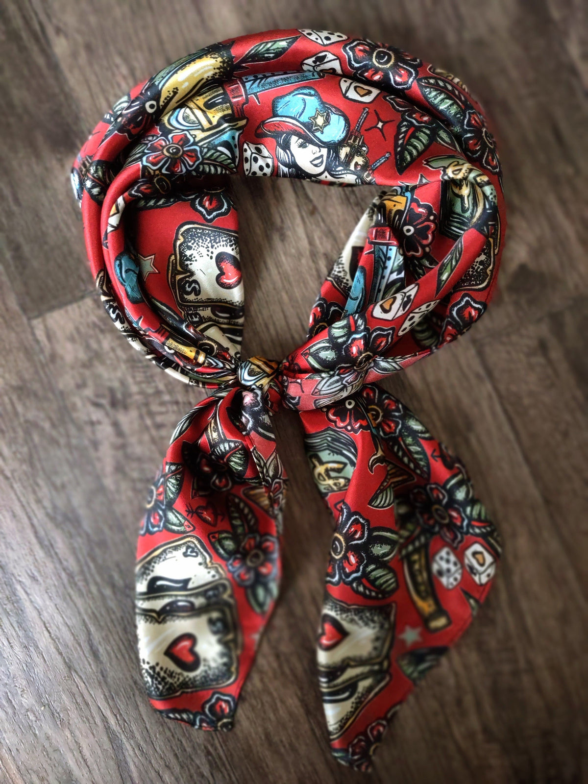 Silk Wild Rag: Deep Red, Saloon Casino Print – Western Bandanna