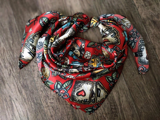 Silk Wild Rag: Deep Red, Saloon Casino Print – Western Bandanna