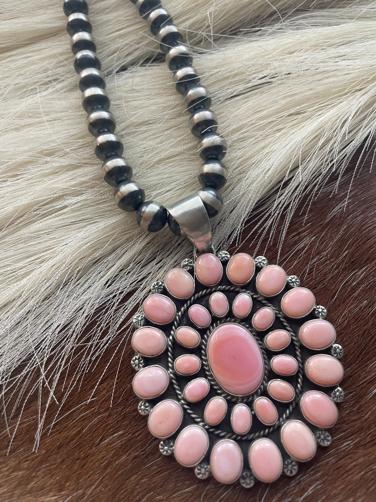 Handcrafted Queen Pink Conch Shell Sterling Silver Pendant Signed C Yazzie