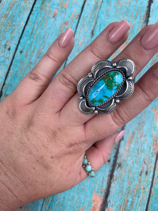 Handcrafted Sonoran Mountain Turquoise And Sterling Silver Statement Ring Size 8