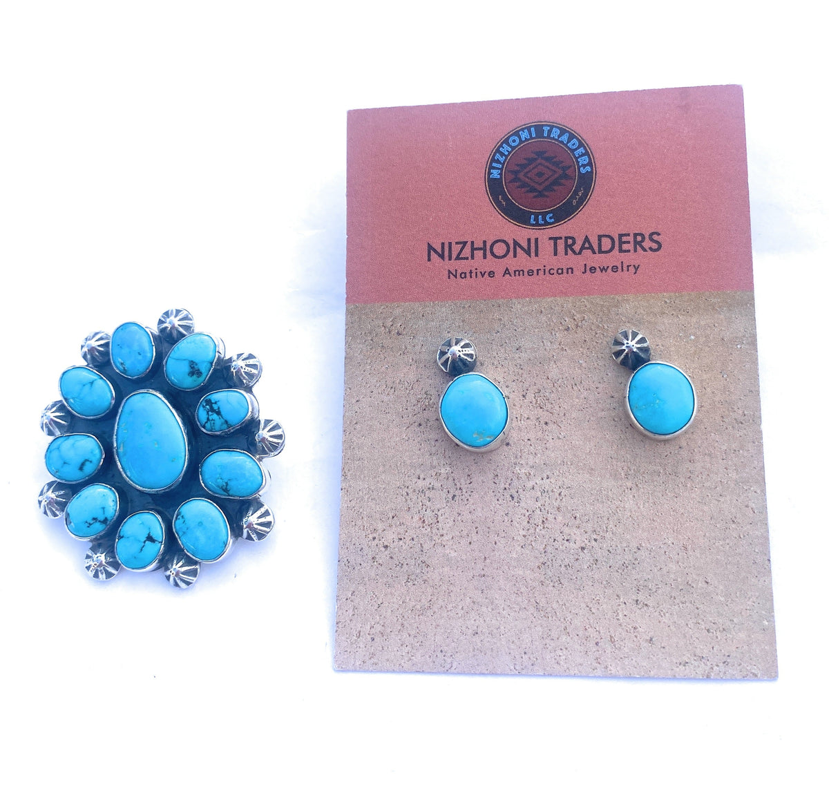 Handcrafted Sleeping Beauty Turquoise & Sterling Silver Cluster Earrings & Pendant Set