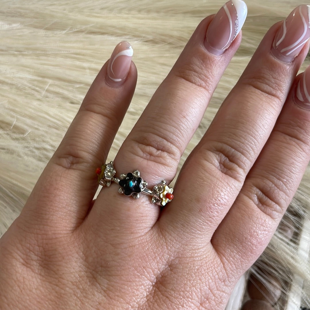 Handcrafted Flower Multi Stone Sterling Silver Ring Size 7