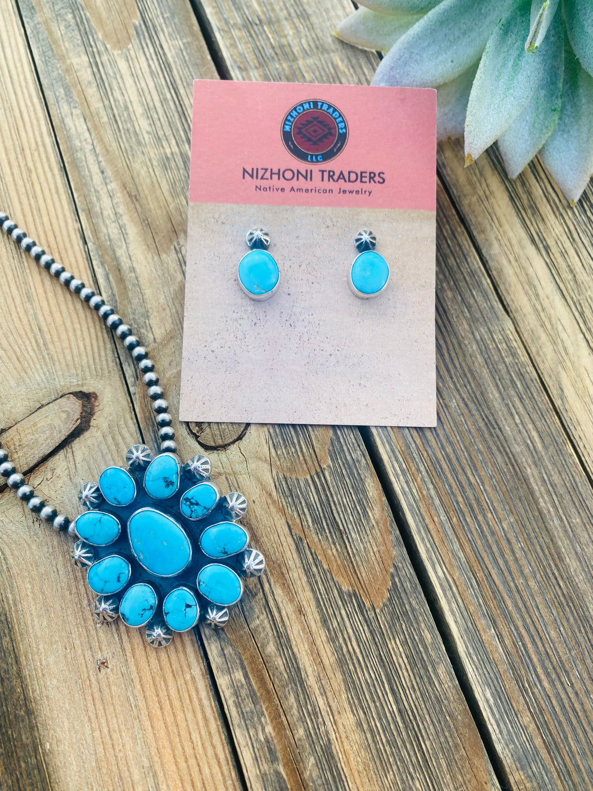 Handcrafted Sleeping Beauty Turquoise & Sterling Silver Cluster Earrings & Pendant Set