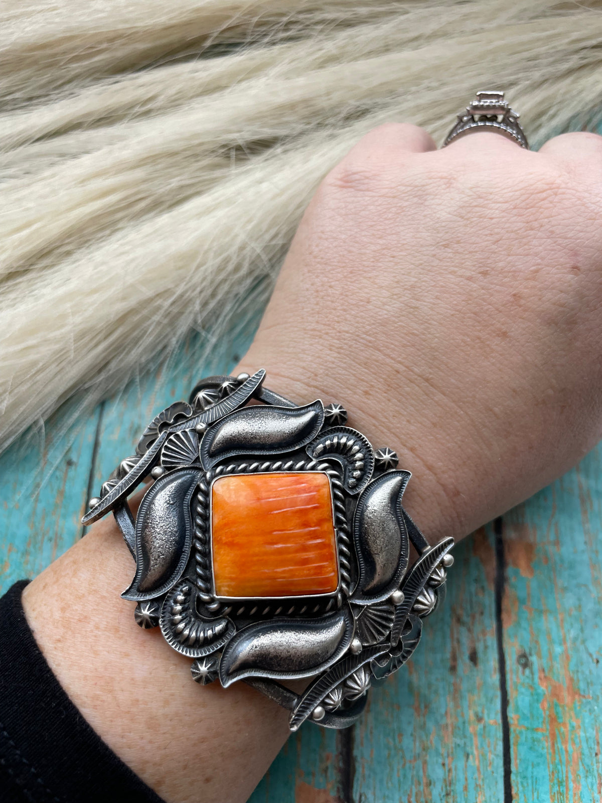 Handcrafted Orange Spiny Sterling Silver Cuff Bracelet Signed Kevin Billah /